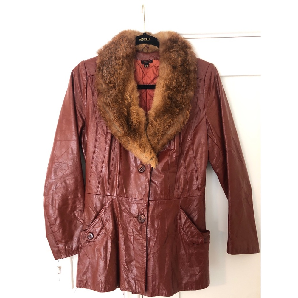 VINTAGE BURGANDY LEATHER AND FUR JACKET sz S